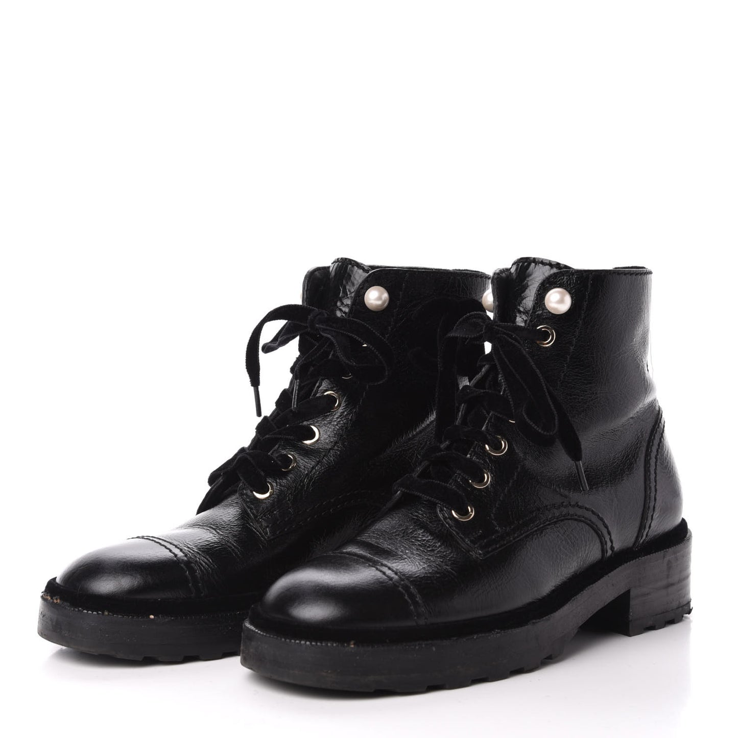 Calfskin Velvet Pearl Combat Short Boots 37 Black
