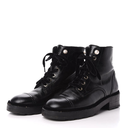Chanel Calfskin Velvet Pearl Combat Short Boots 37 Black 3 of 7