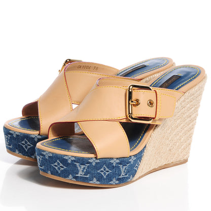 Louis Vuitton Vachetta Denim Juan Les Pins Espadrille Wedge Heels 38 Blue 3 of 9