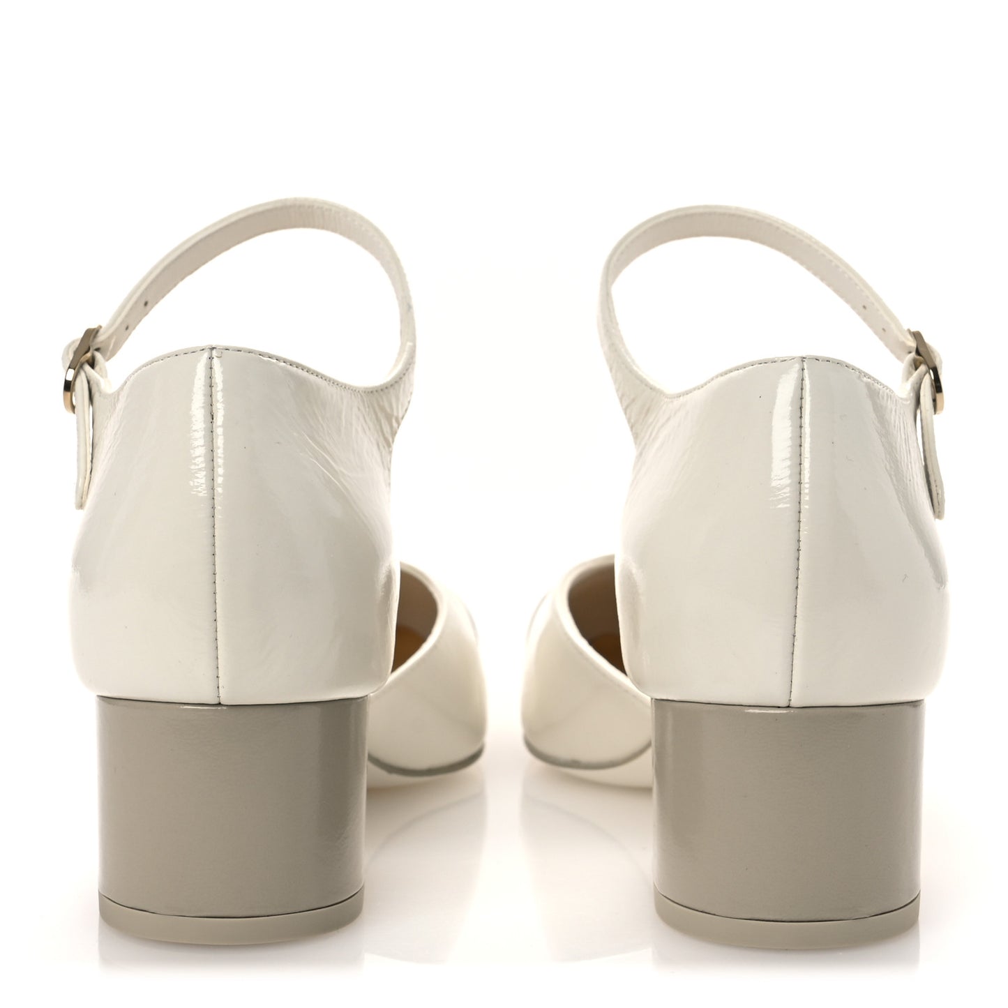 Shiny Lambskin CC Cap Toe Mary Janes Pumps 38 White Light Beige