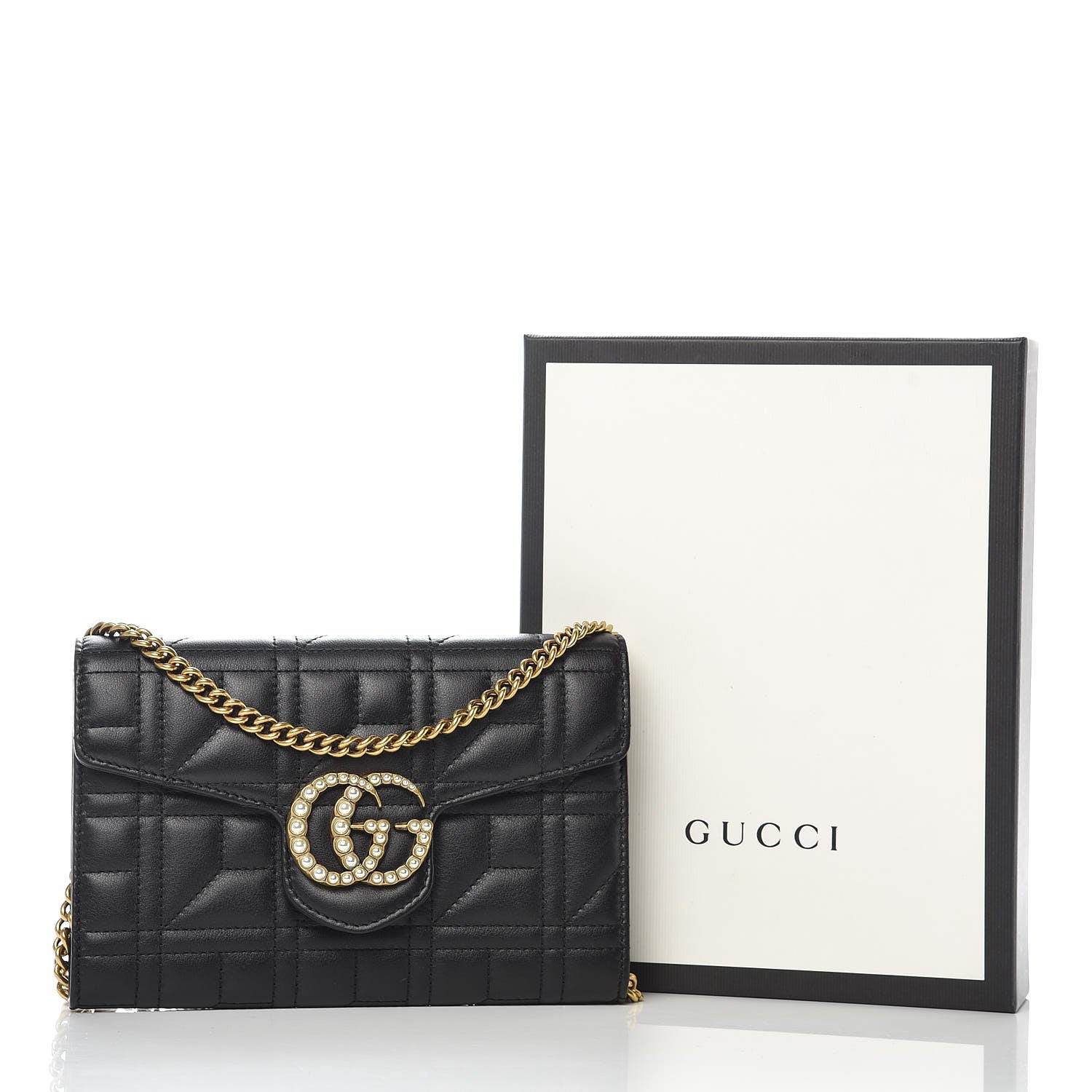 Gucci Calfskin Matelasse Mini Pearly GG Marmont Chain Wallet Black 9 of 9