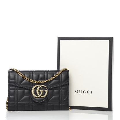 Gucci Calfskin Matelasse Mini Pearly GG Marmont Chain Wallet Black 9 of 9