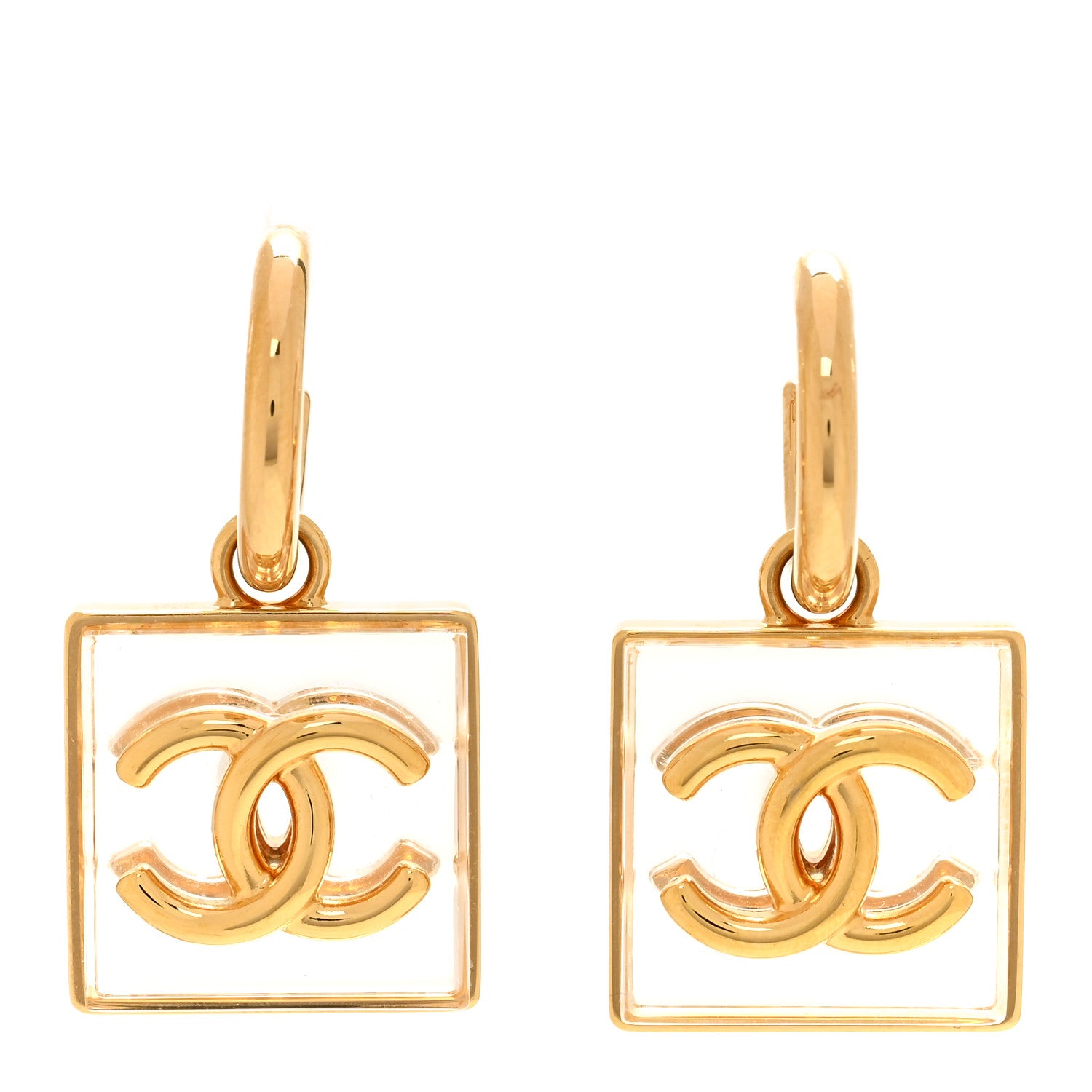 Chanel Metal Resin CC Square Drop Earrings Gold Transparent 1 of 5