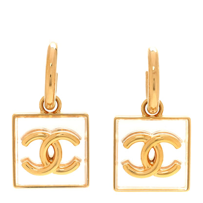 Chanel Metal Resin CC Square Drop Earrings Gold Transparent 1 of 5