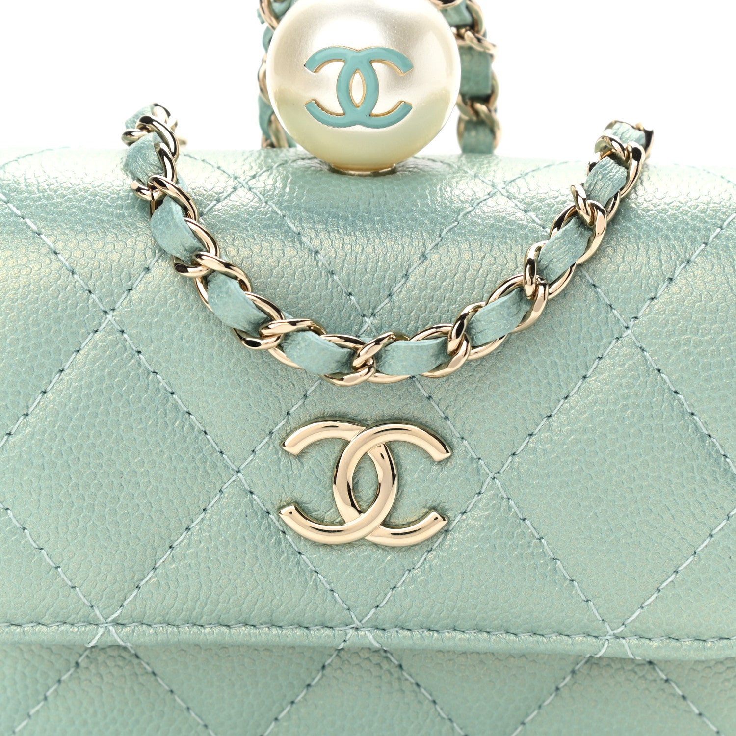 Chanel Iridescent Caviar Quilted Pearl Card Holder On Chain Green 8 of 11