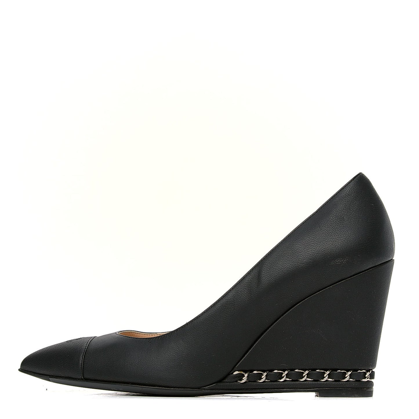 Calfskin Cap Toe Chain Wedge Pumps 38.5 Black
