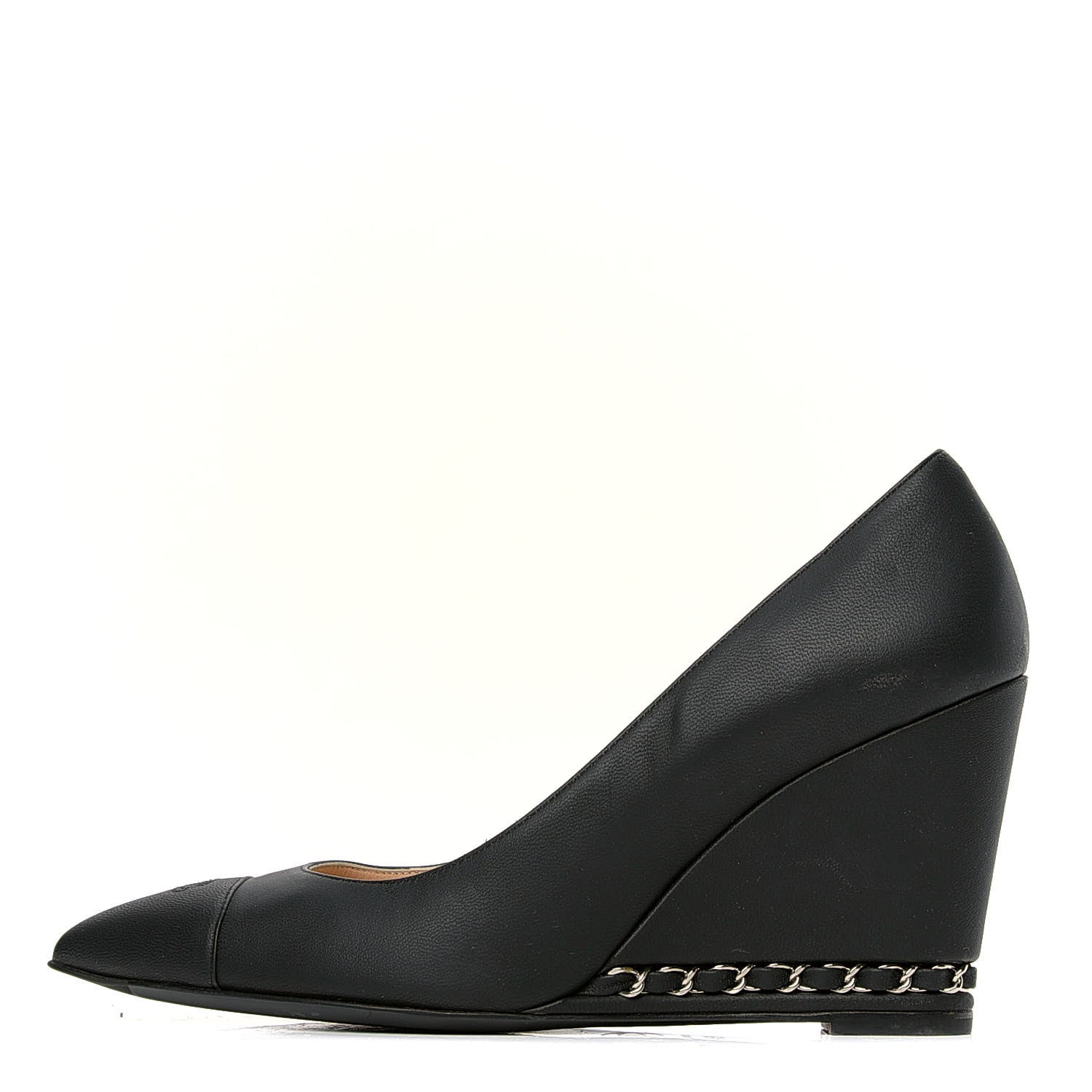 Chanel Calfskin Cap Toe Chain Wedge Pumps 38.5 Black 1 of 7