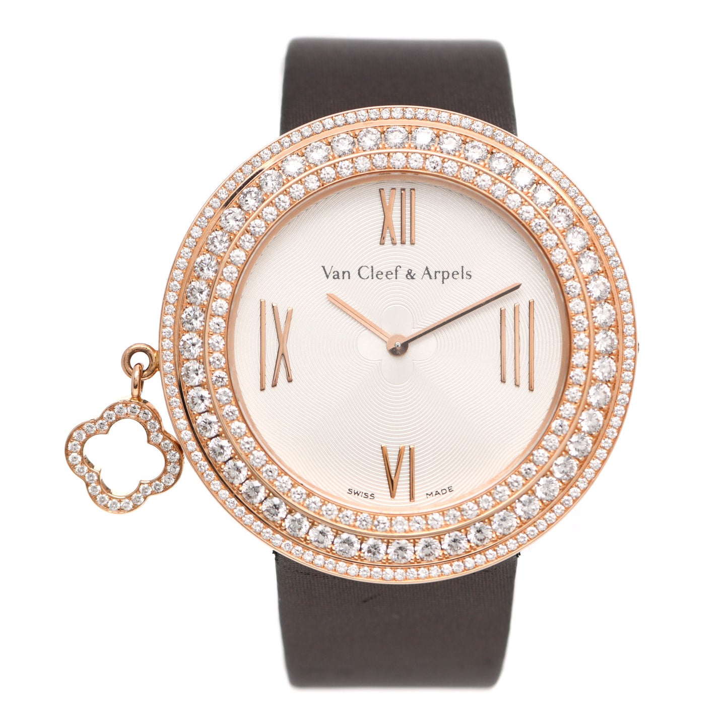 18K Rose Gold Satin Diamond Pave Bezel 38mm Charms Quartz Watch