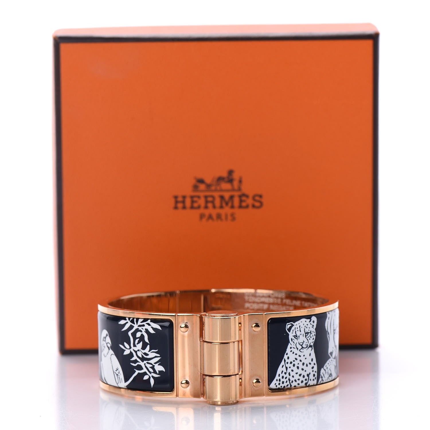 Hermes Enamel Printed Wide Charniere Tendresse Feline Tattoo Hinged Bracelet S Positif Negatif 6 of 6