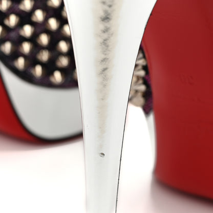 Christian Louboutin Lame Satin Lady Peep Spikes 150 Pumps 39 Turquoise Violet Silver 9 of 9