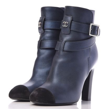 Chanel Calfskin Suede Cap Toe CC Short Boots 36 Navy Black 3 of 12