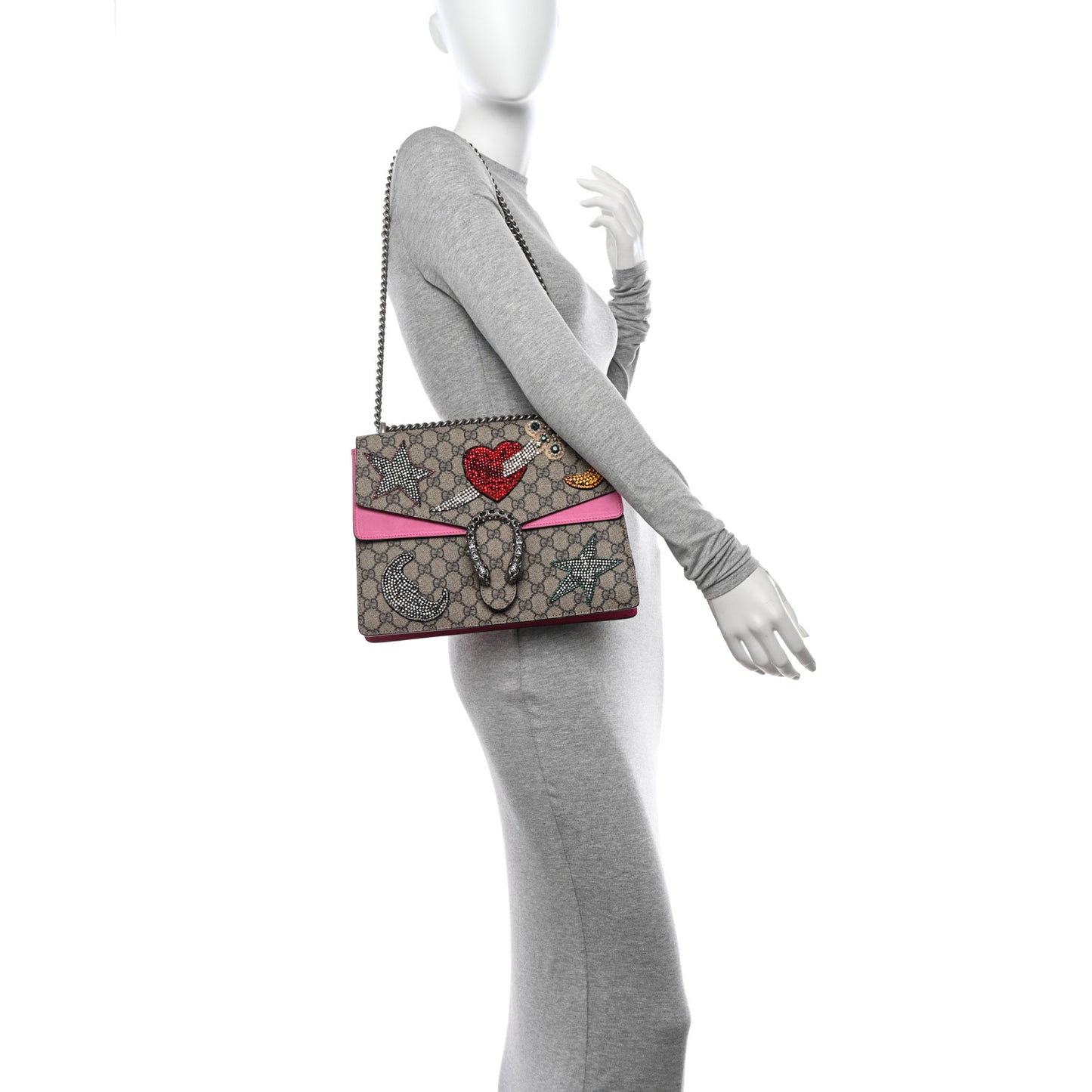 GG Supreme Monogram Suede Pierced Heart Embroidered Medium Dionysus Shoulder Bag Beige Ebony Pink Tropical Flower