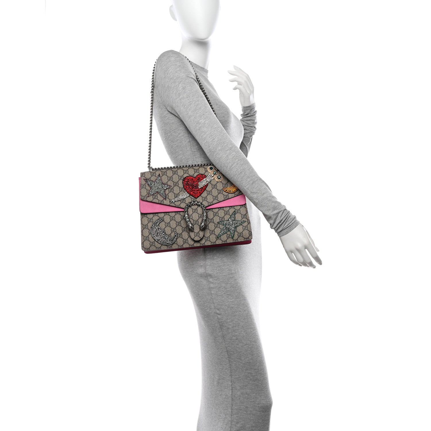 Gucci GG Supreme Monogram Suede Pierced Heart Embroidered Medium Dionysus Shoulder Bag Beige Ebony Pink Tropical Flower 2 of 14