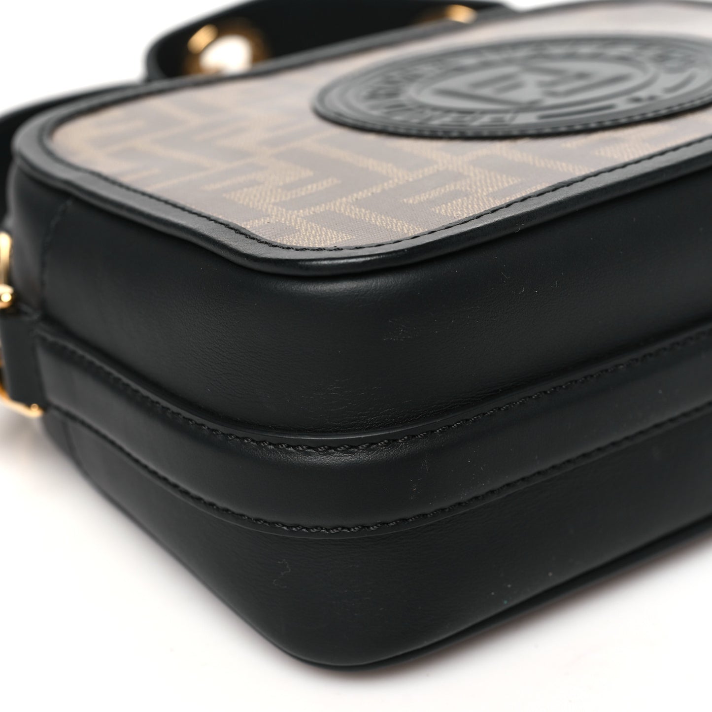 Glazed Fabric Vitello Century F is Fendi FF 1974 Stamp Patch Camera Case Mogano Panna Black