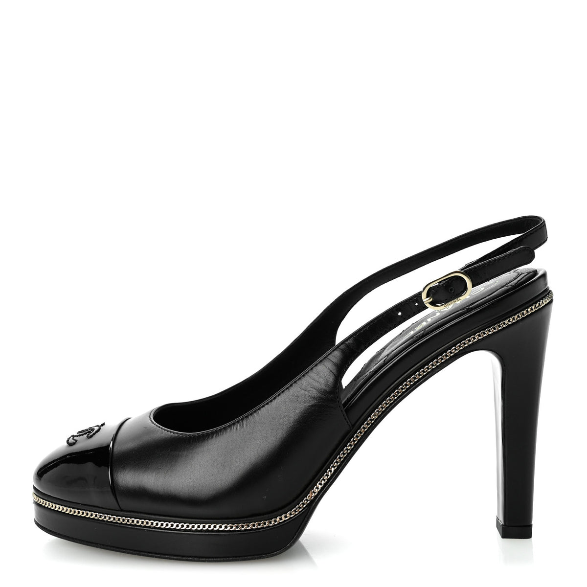 Lambskin Patent Calfskin Embellished Cap Toe CC Slingback Pumps 38 Black