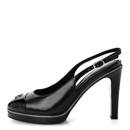 Chanel Lambskin Patent Calfskin Embellished Cap Toe CC Slingback Pumps 38 Black 1 of 9