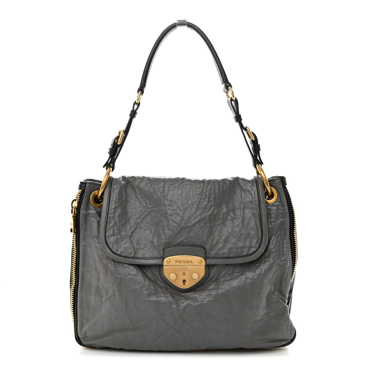 Prada Vitello Shine Pushlock Shoulder Bag Grey 1 of 11