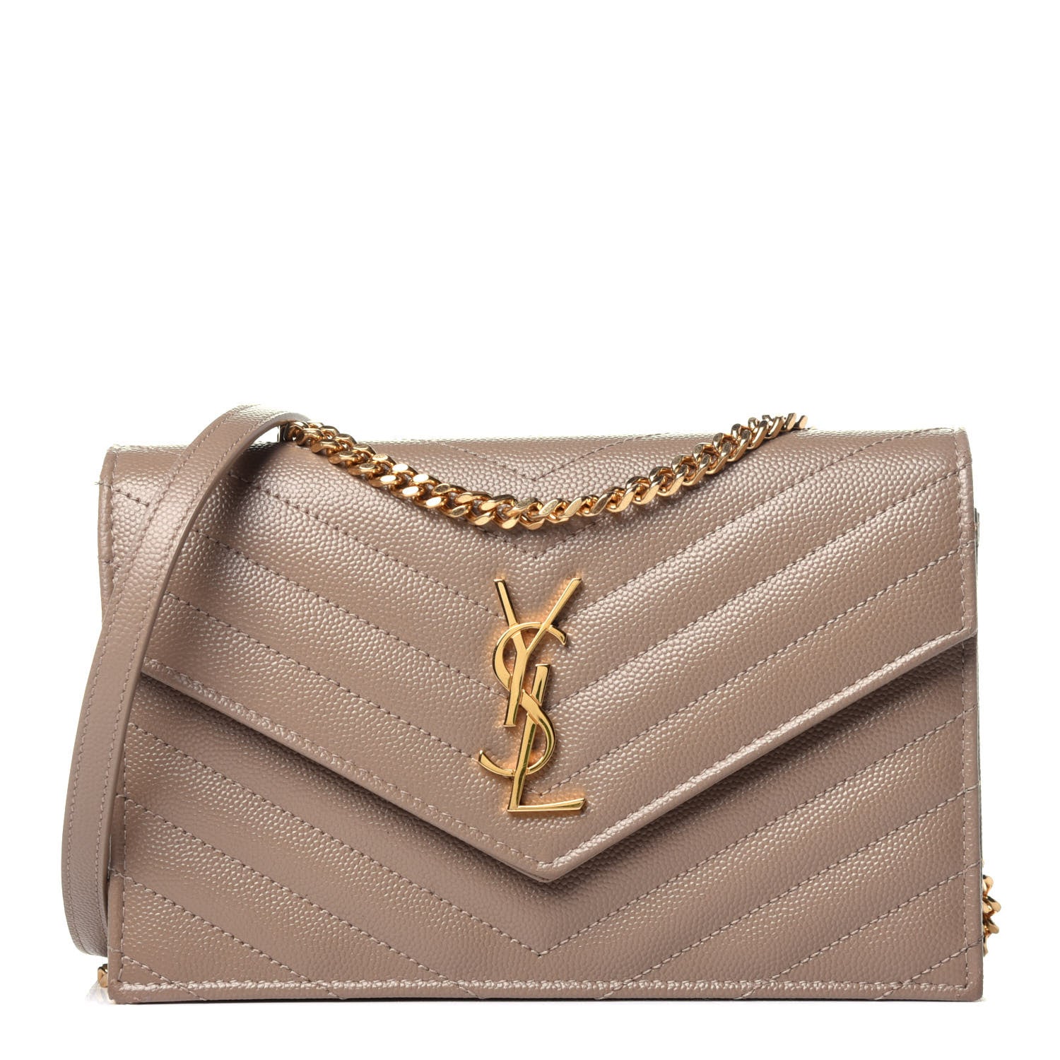 Saint Laurent Grain De Poudre Matelasse Chevron Monogram Envelope Chain Wallet Dark Beige 1 of 12
