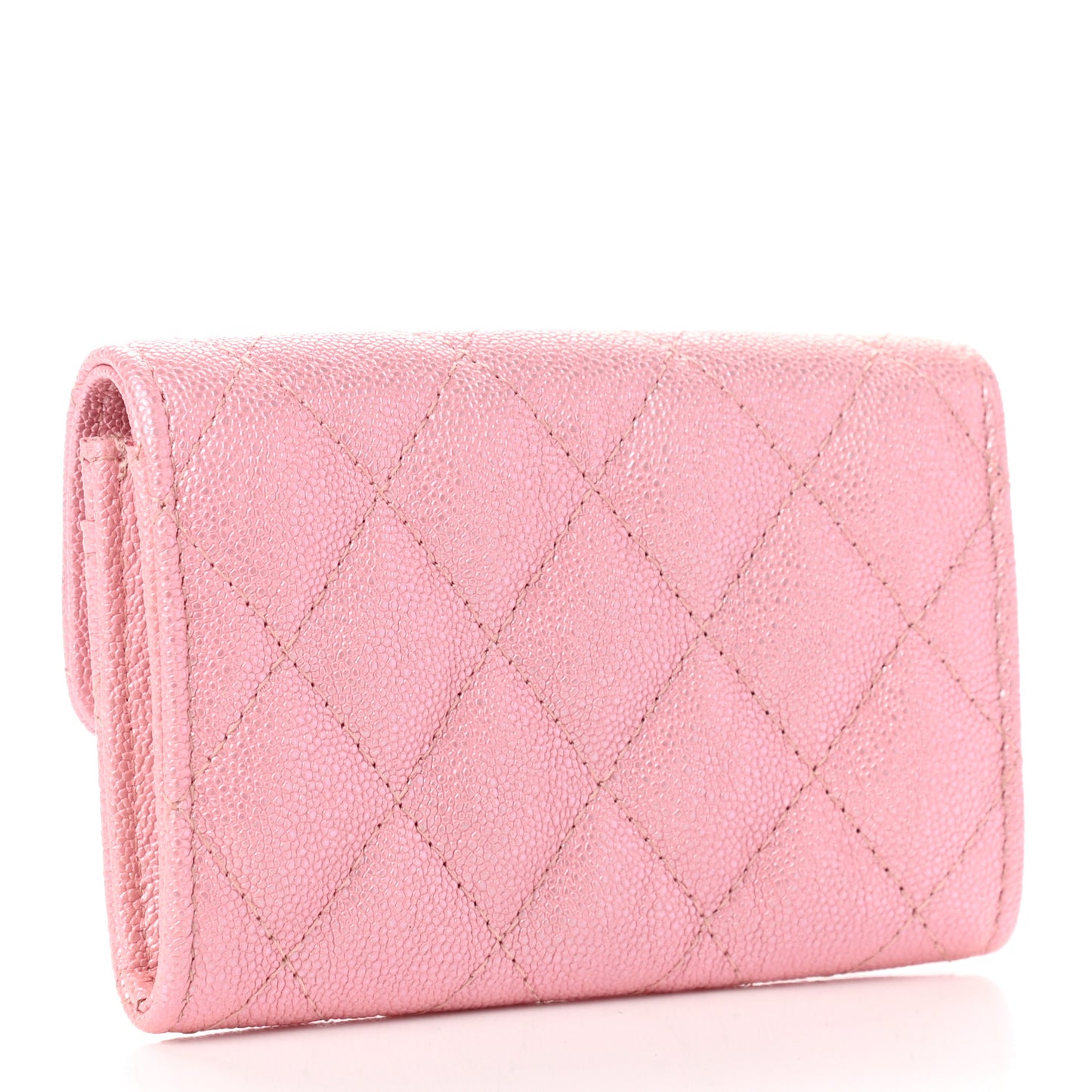 Iridescent Caviar Quilted Flap Card Holder Rose Pink