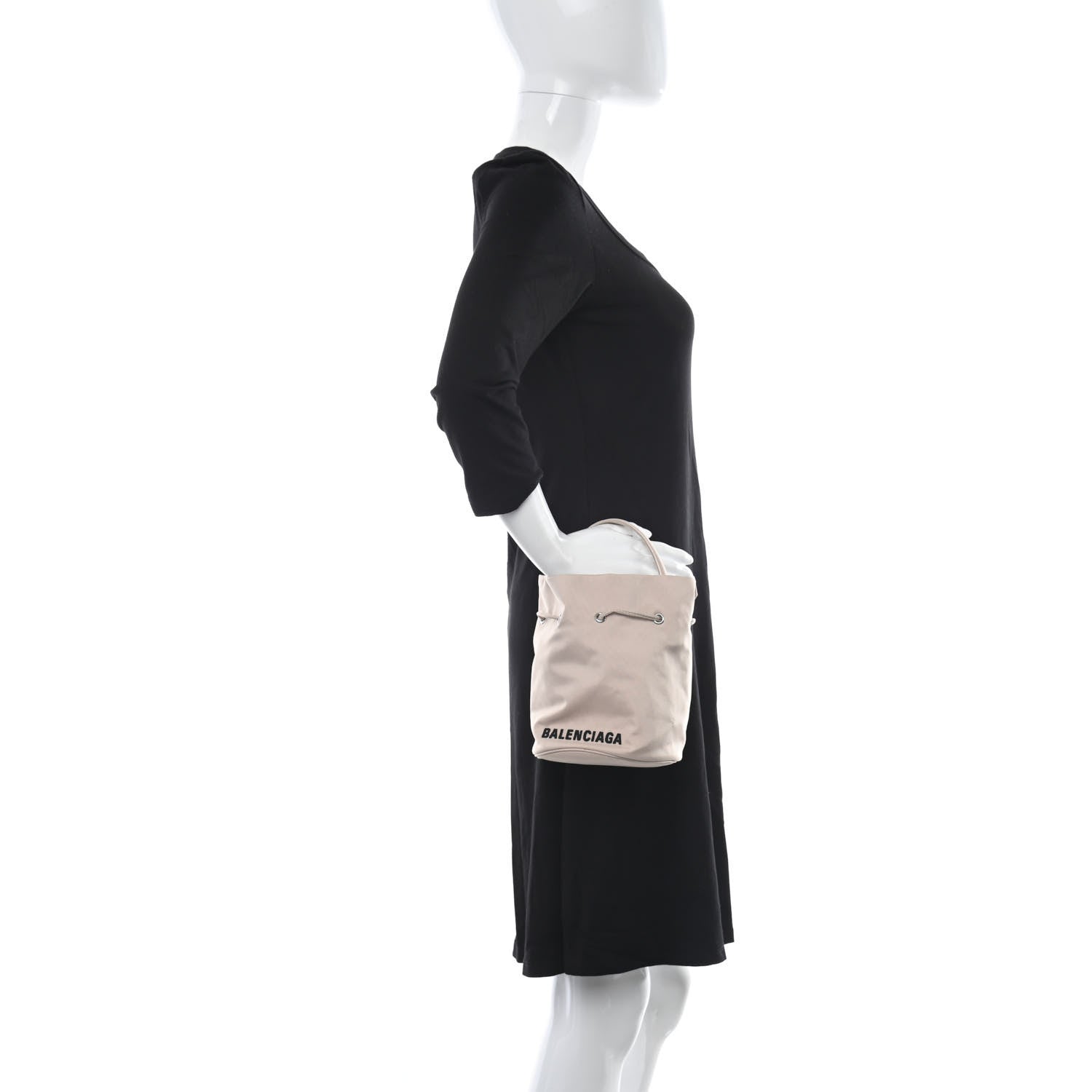Balenciaga Recycled Sport Nylon Logo Embroidered Wheel Drawstring Bucket Bag Cream Black 2 of 9