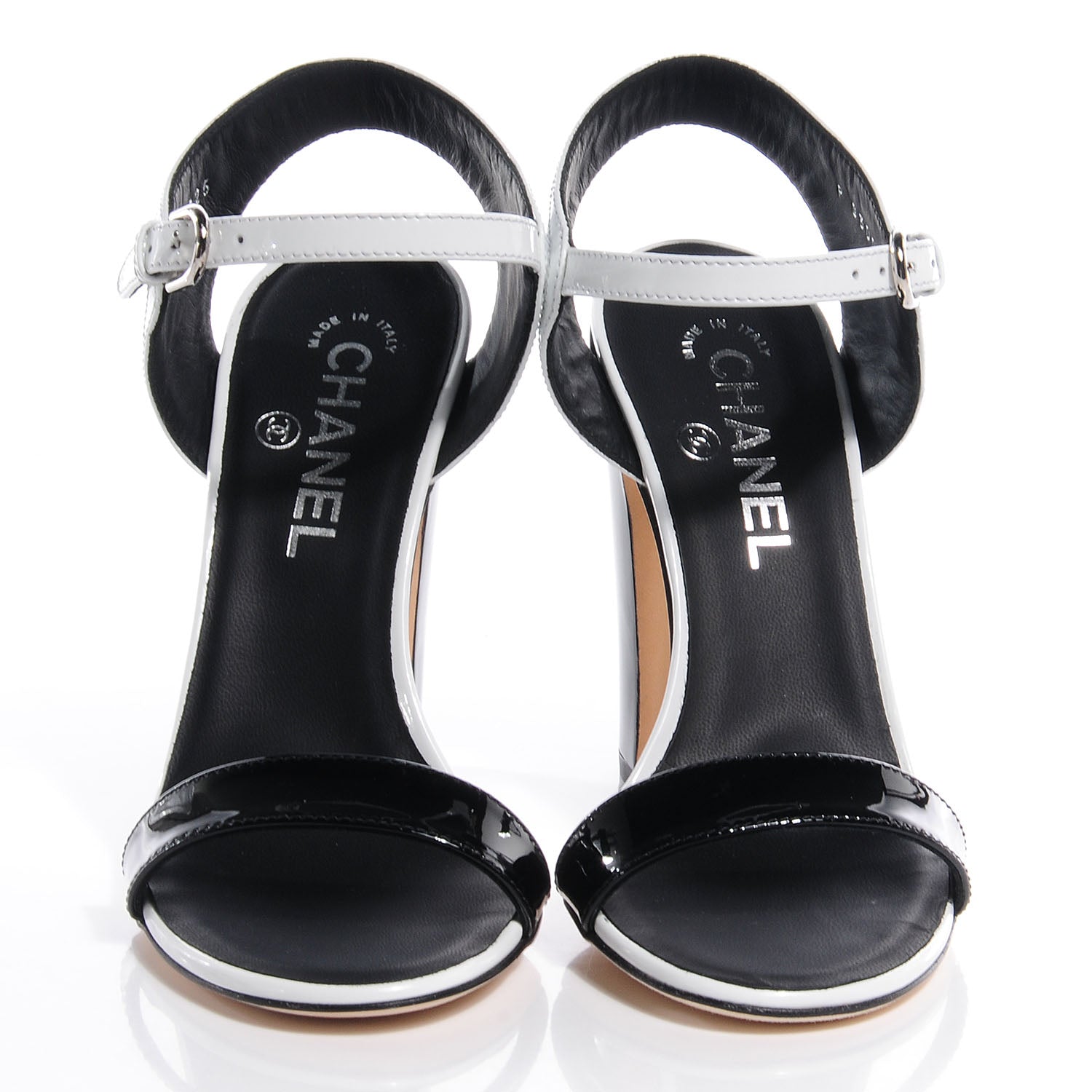 Chanel Perforated Crackled Patent Calfskin Sandals Heels 37.5 Black White 2 of 7