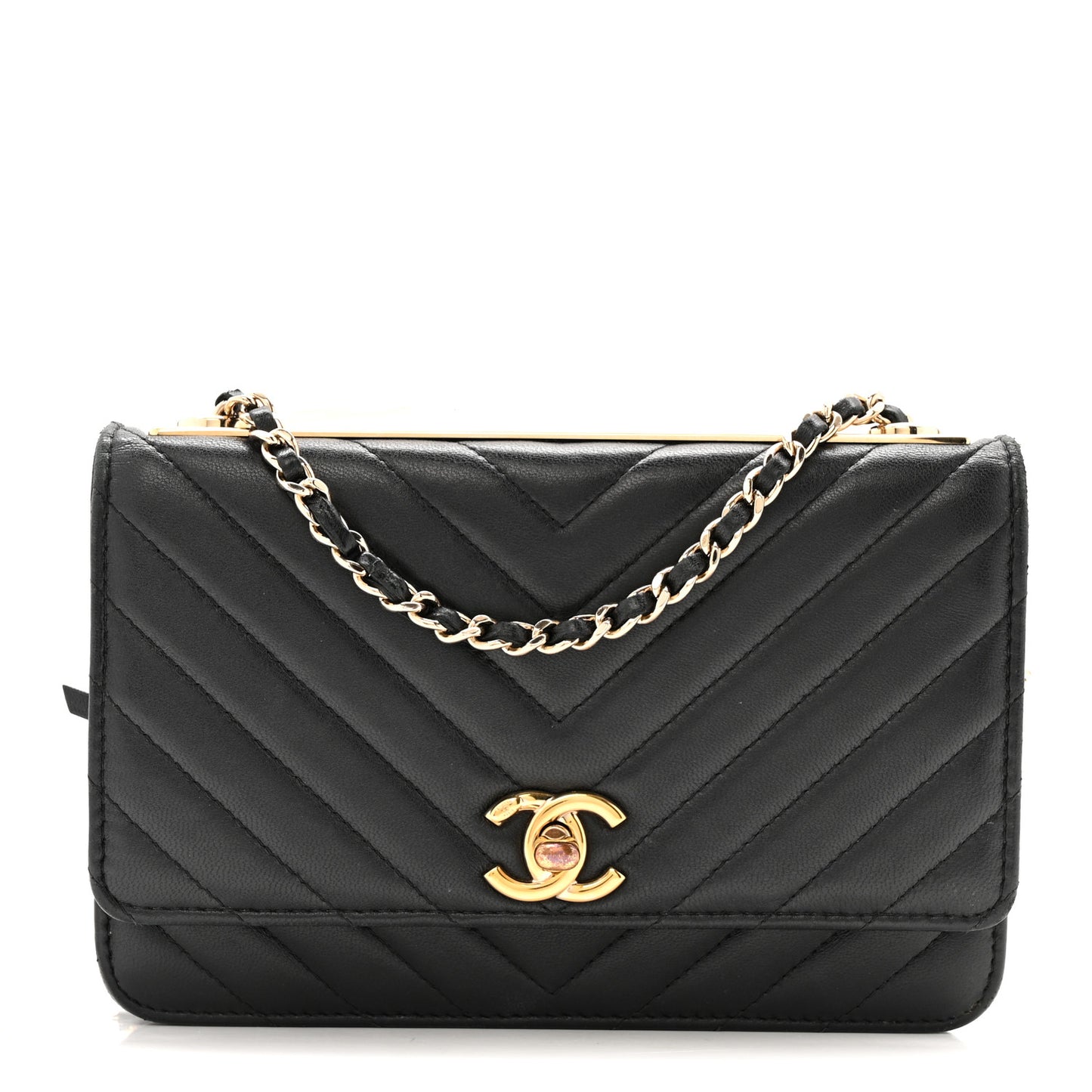 Lambskin Chevron Quilted Trendy CC Wallet On Chain WOC Black