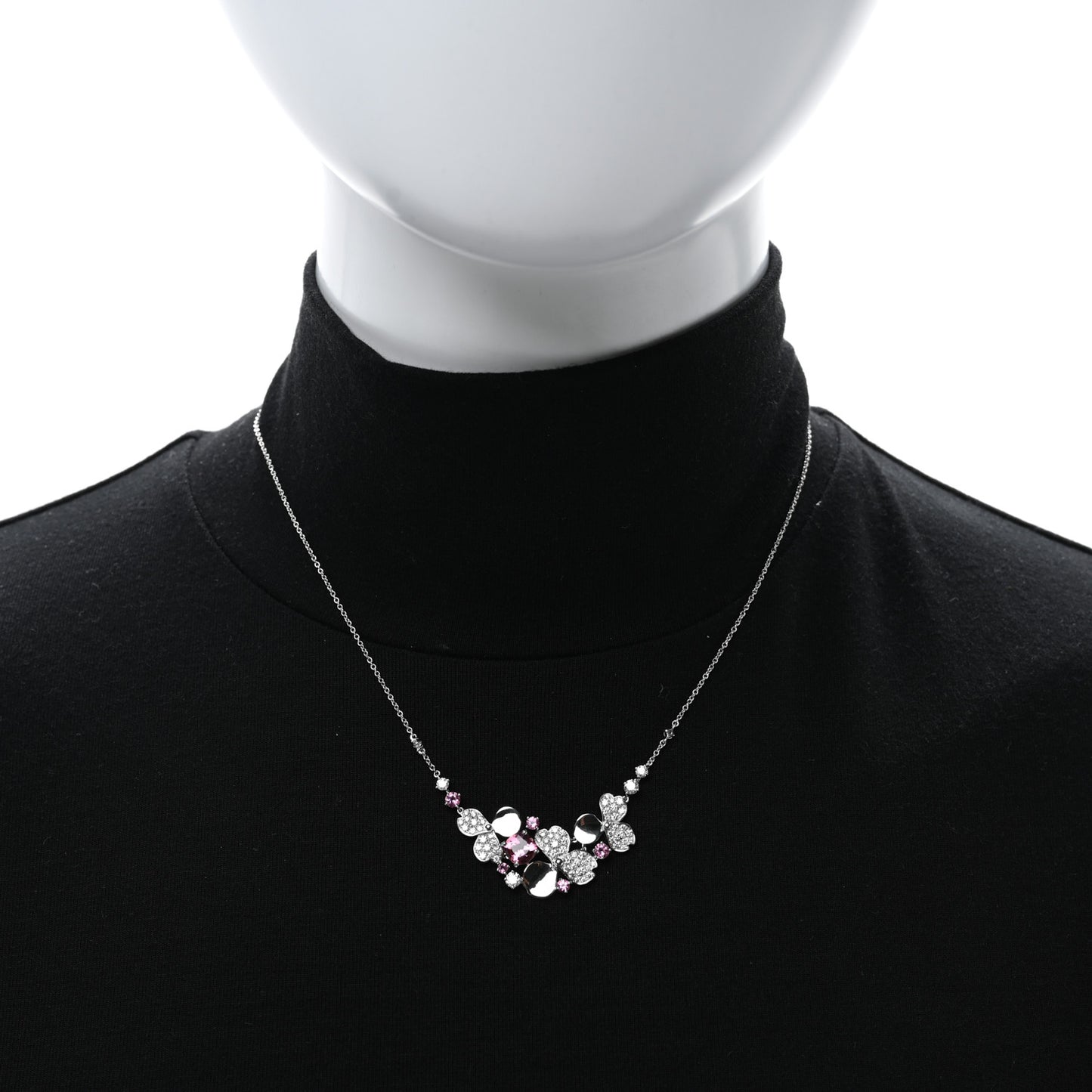 Platinum Diamond Pink Tourmaline Paper Flowers Cluster Pendant Necklace