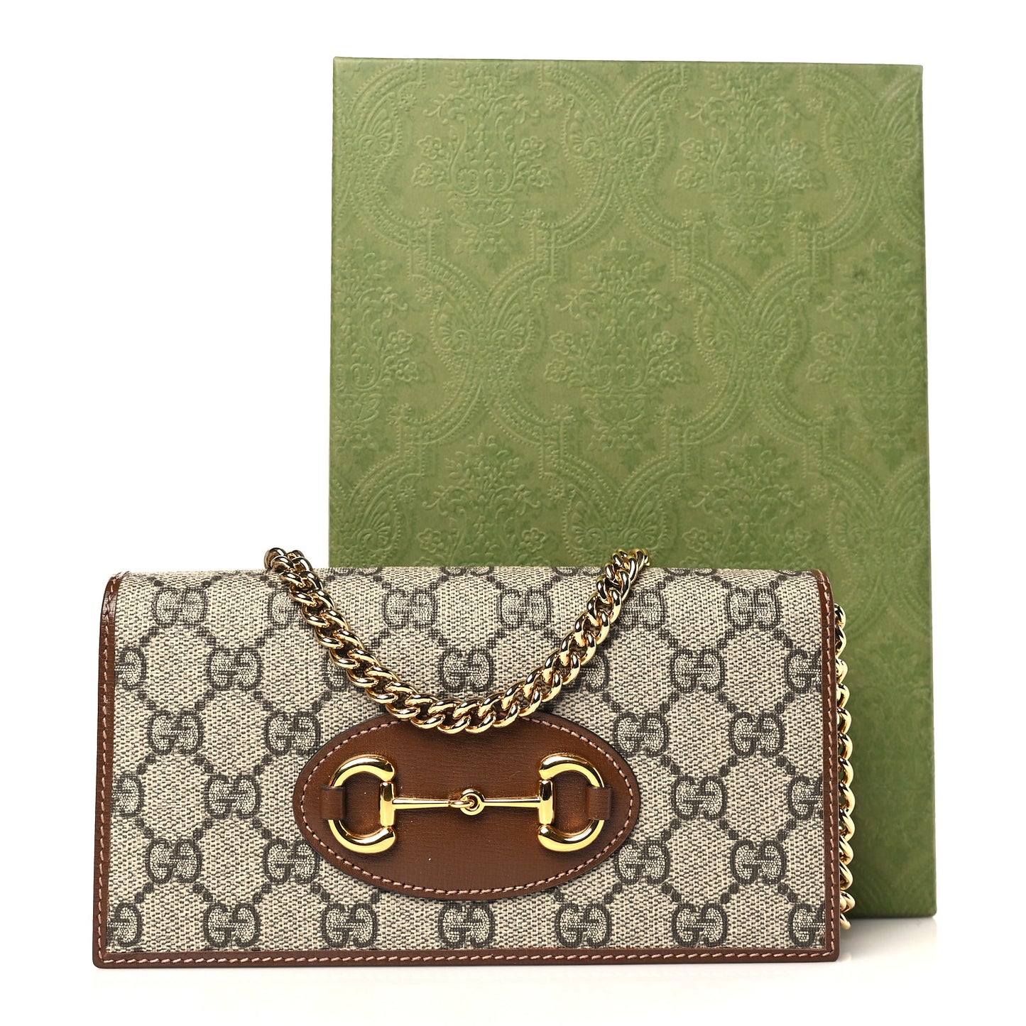 GG Supreme Monogram Azalea Calfskin Horsebit 1955 Wallet On Chain Beige Ebony Brown Sugar