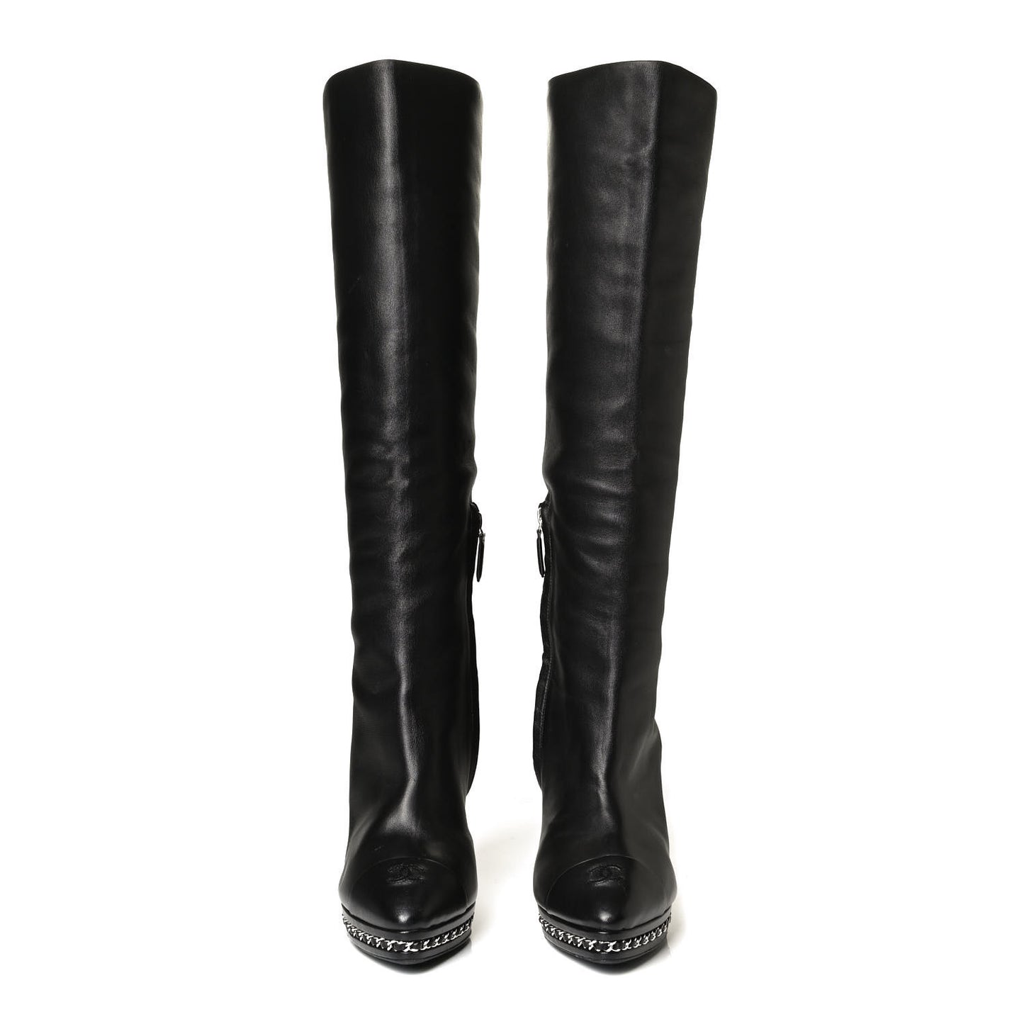 Lambskin CC Platform Cap Toe Chain Knee High Boots 42 Black