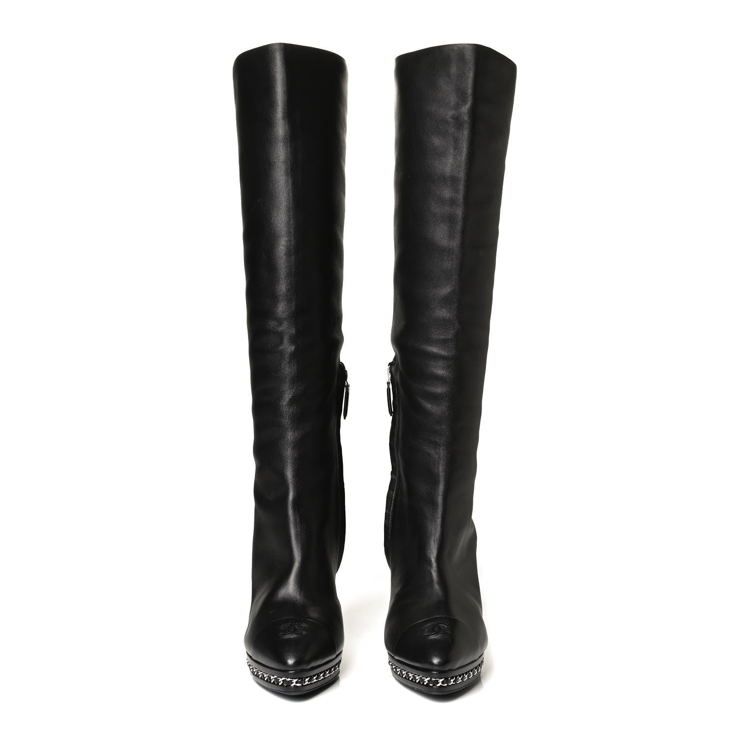 Chanel Lambskin CC Platform Cap Toe Chain Knee High Boots 42 Black 3 of 18