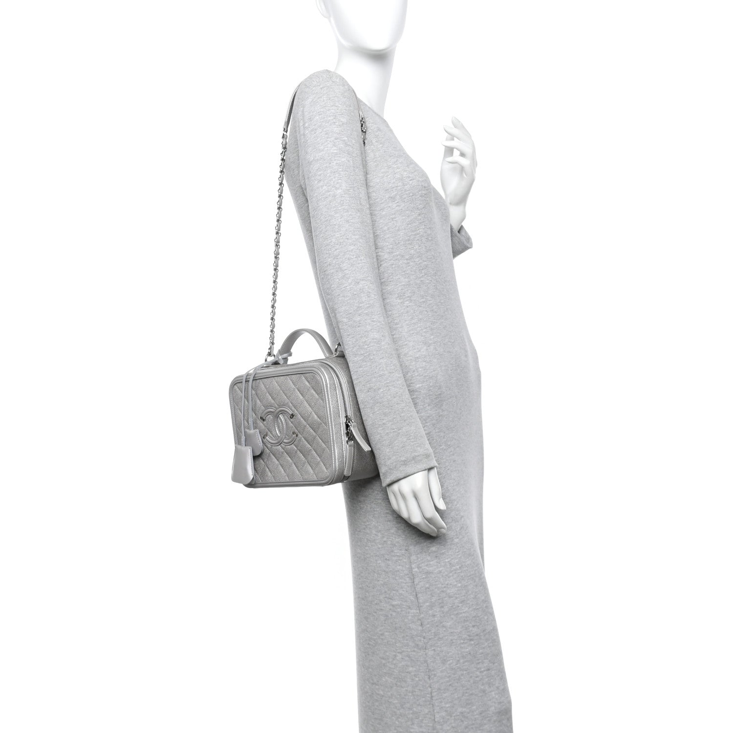 Chanel Metallic Caviar Quilted Large CC Filigree Vanity Case Silver 2 of 11