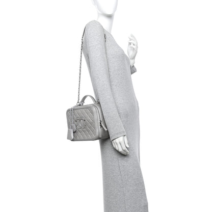 Chanel Metallic Caviar Quilted Large CC Filigree Vanity Case Silver 2 of 11