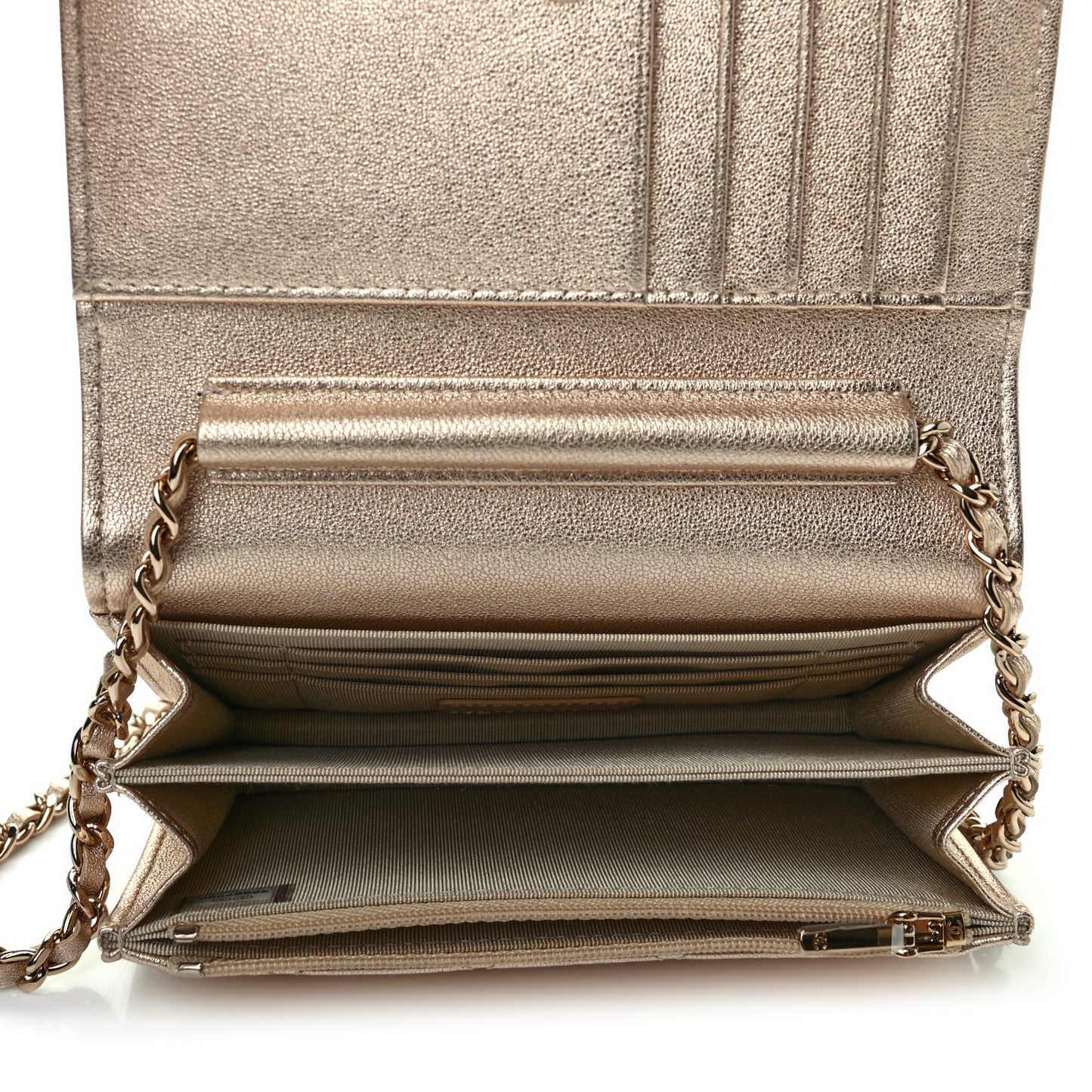 Metallic Lambskin Quilted Mini Wallet On Chain WOC Gold