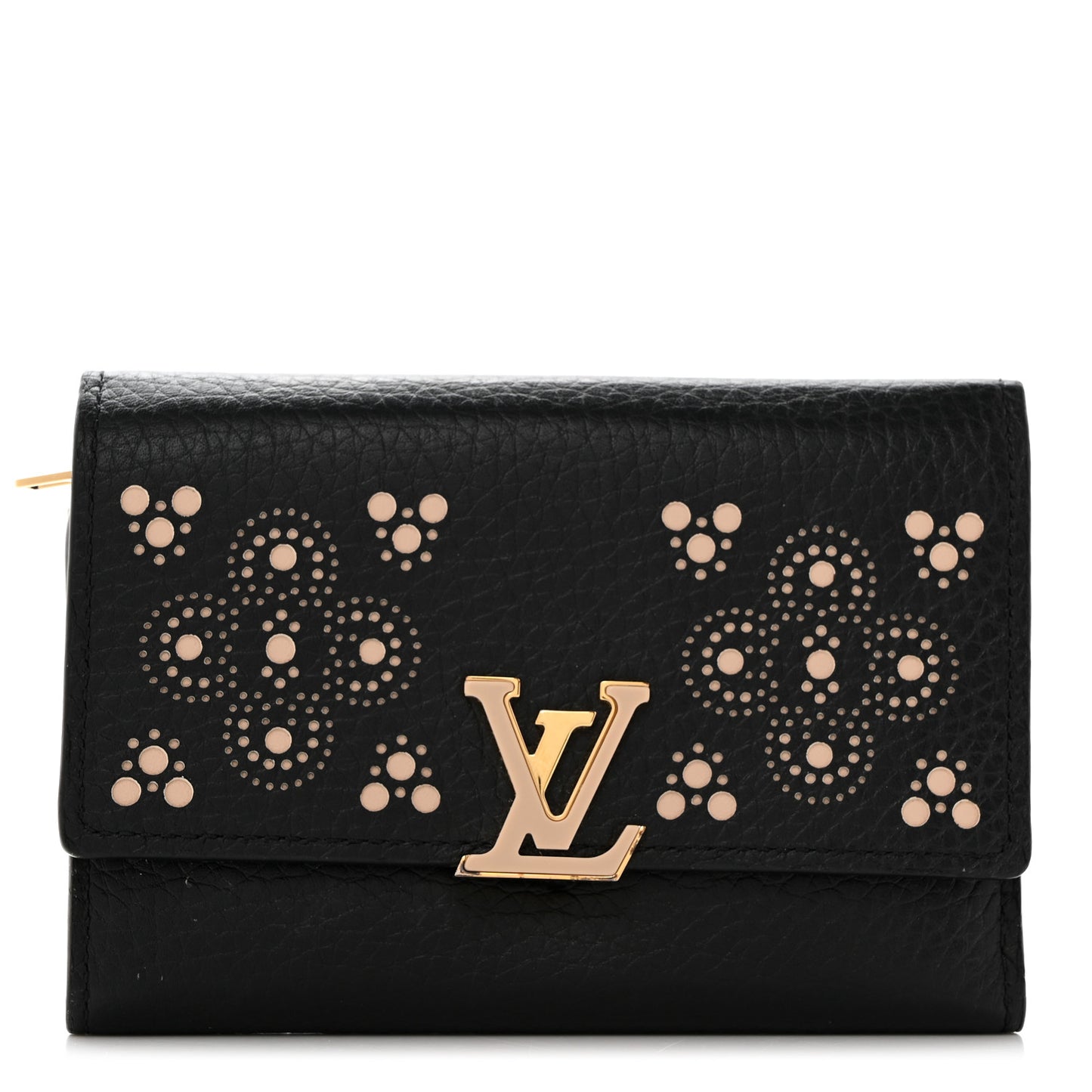 Taurillon Perforated Capucines Compact Wallet Black