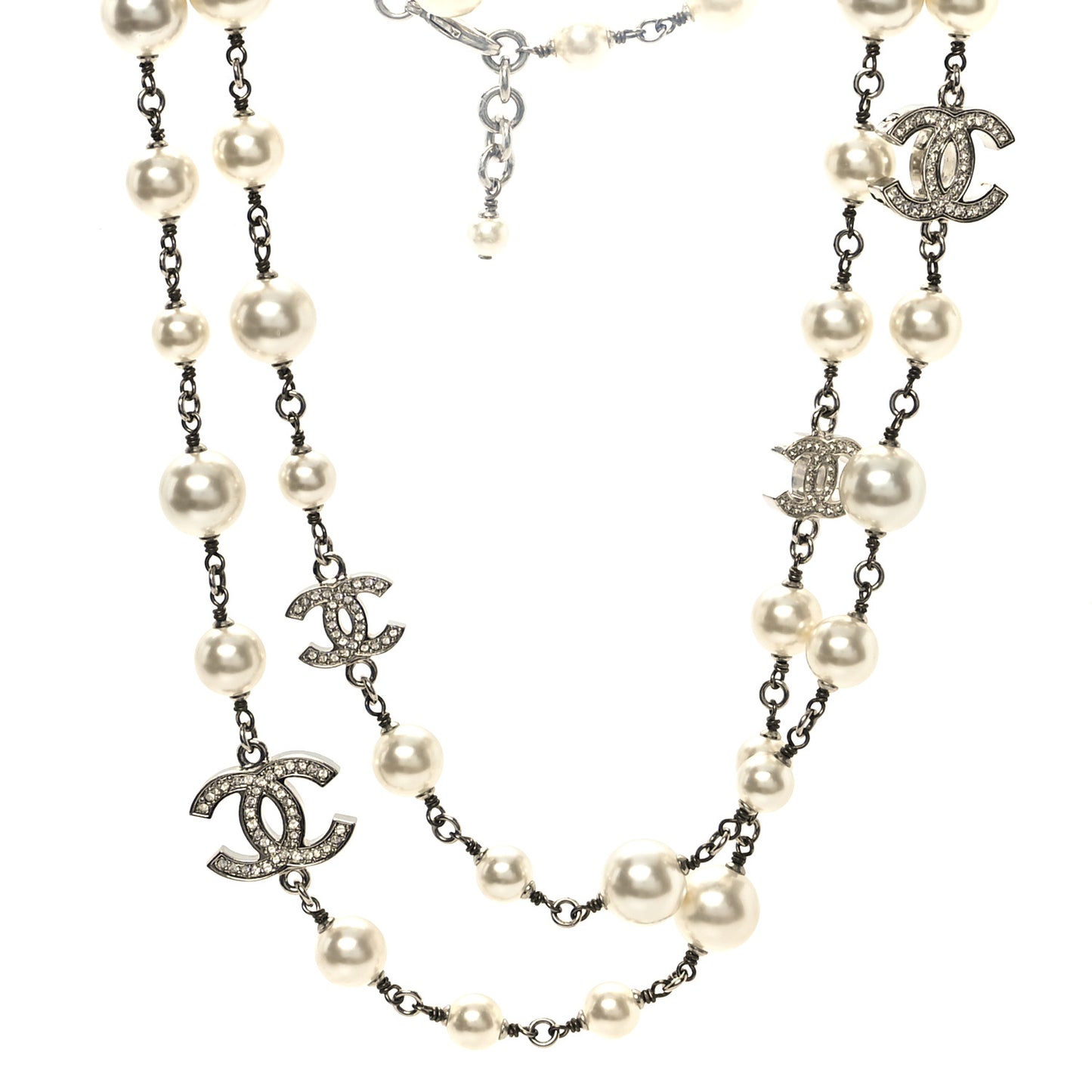 Crystal Pearl CC Long Necklace Silver