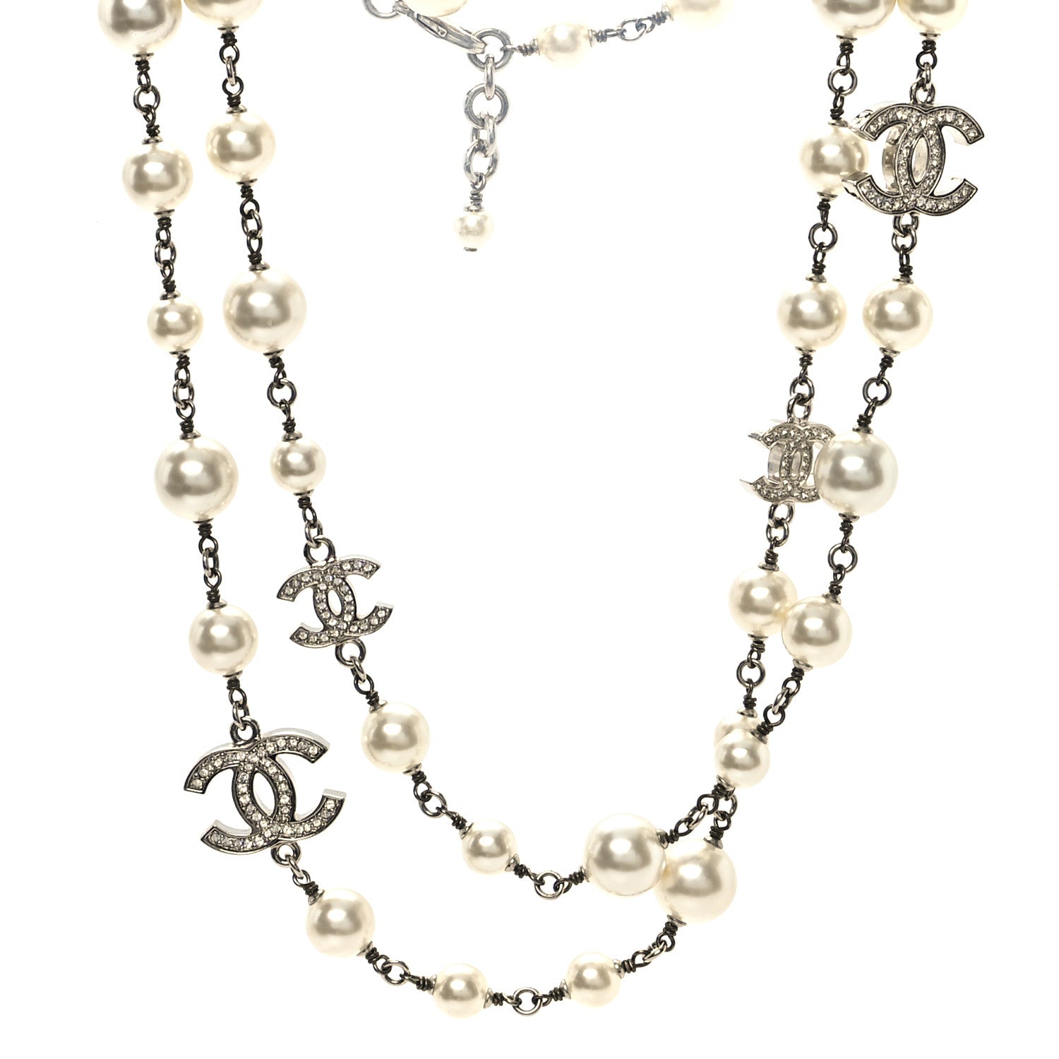 Chanel Crystal Pearl CC Long Necklace Silver 1 of 5