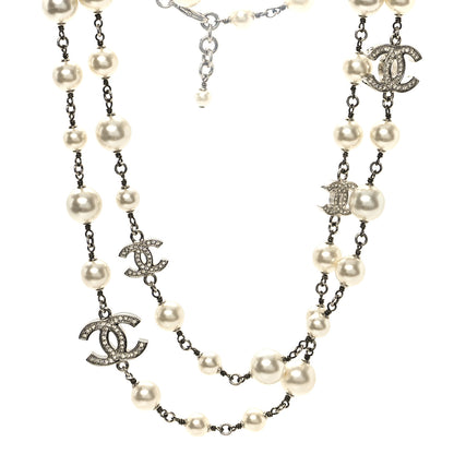 Chanel Crystal Pearl CC Long Necklace Silver 1 of 5