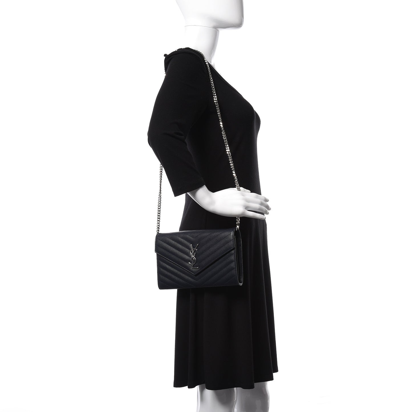 Grain De Poudre Matelasse Chevron Monogram Envelope Chain Wallet Deep Marine