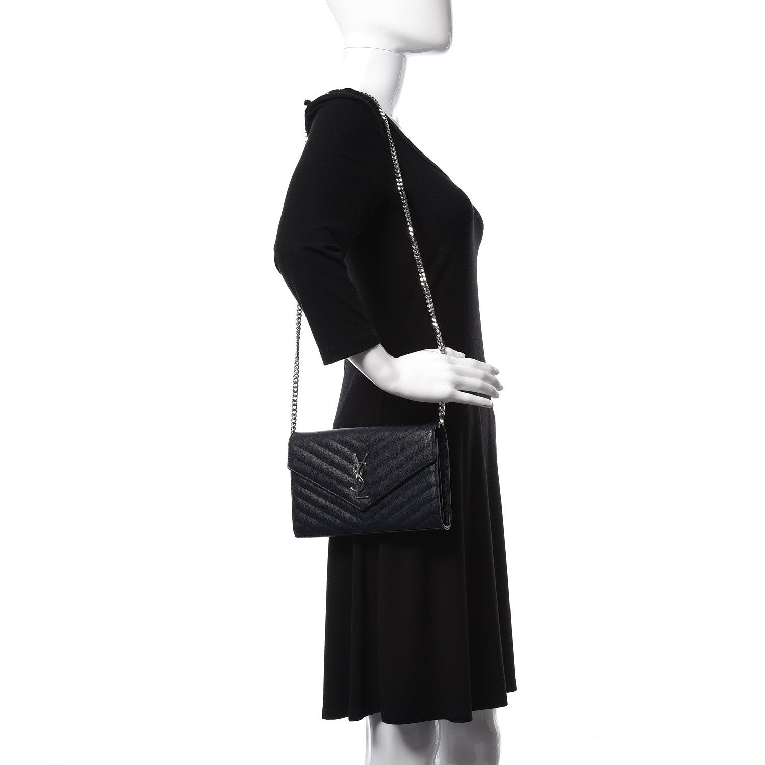 Saint Laurent Grain De Poudre Matelasse Chevron Monogram Envelope Chain Wallet Deep Marine 2 of 10