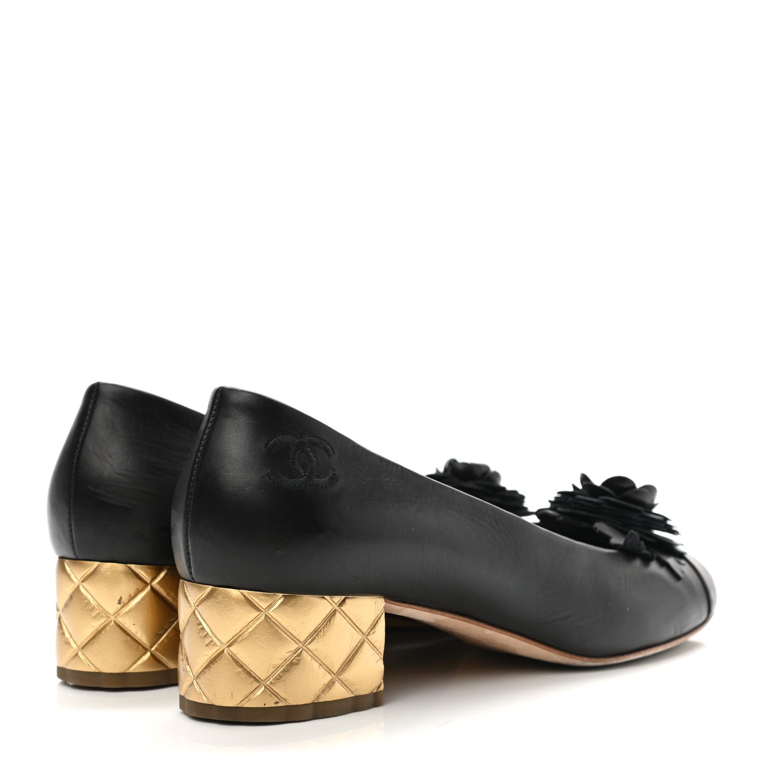 Chanel Calfskin Pearl Camellia Pumps 40 Black Gold 4 of 13