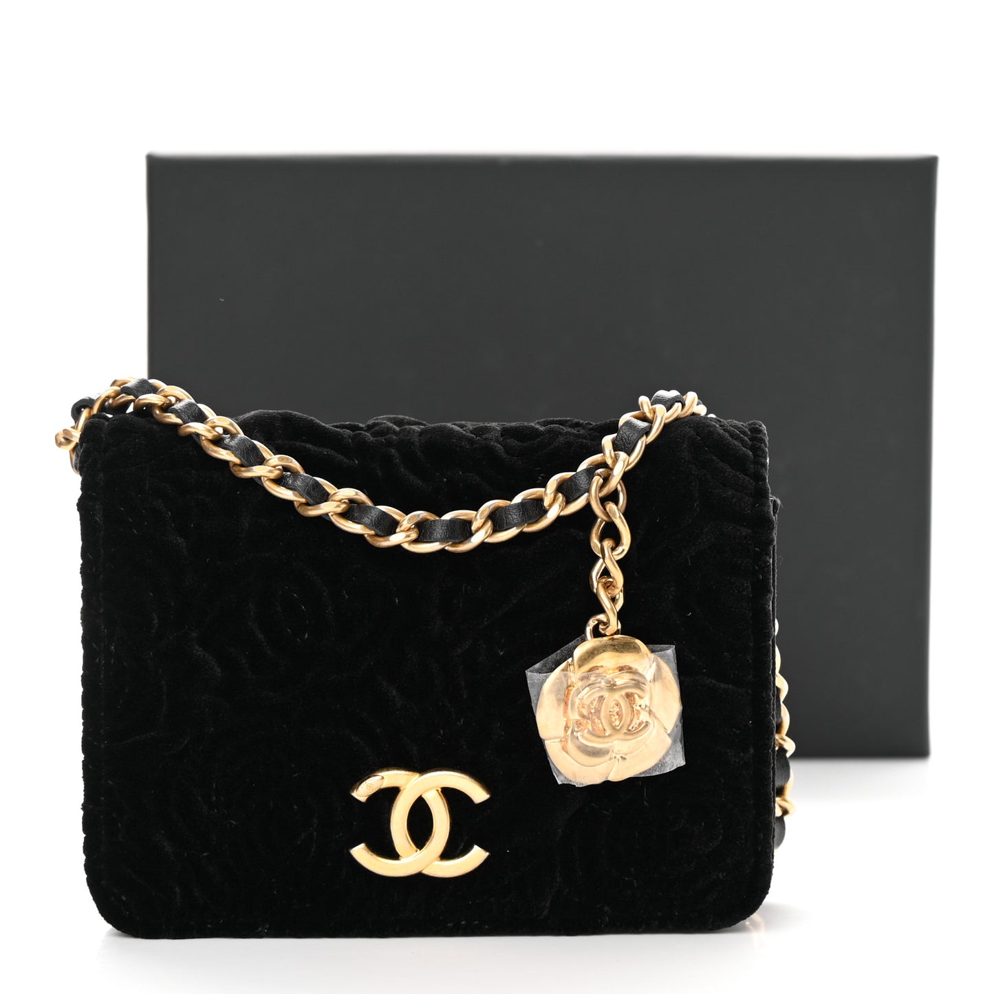 Velvet Quilted Camellia Velvet Flap Coin Purse With Chain Black