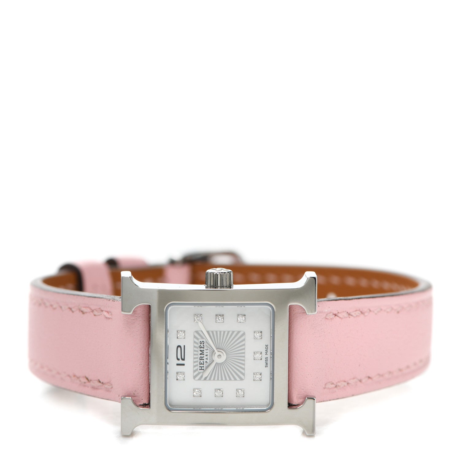 Hermes Stainless Steel Swift Diamond Mother of Pearl 17.2mm Heure H Hour Quartz Watch Rose Sakura 2 of 5