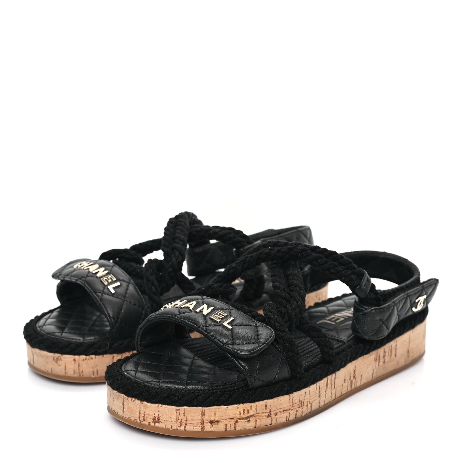 Chanel Cord Lambskin Quilted Logo Sandals 36 Black 3 of 8