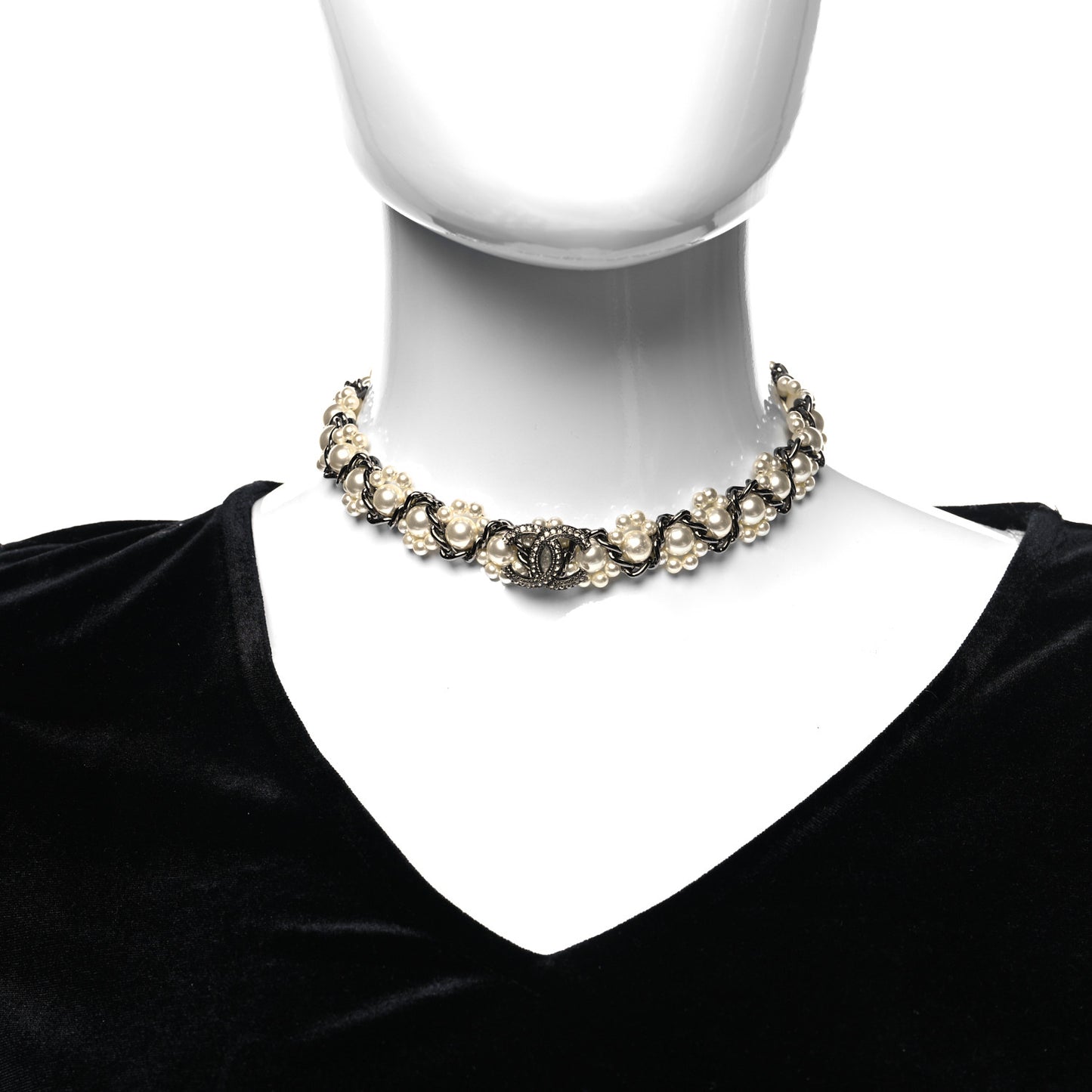 Pearl Crystal CC Choker Necklace Ruthenium