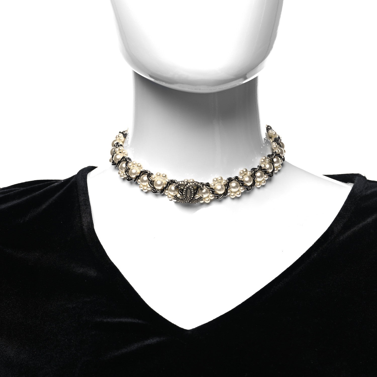Chanel Pearl Crystal CC Choker Necklace Ruthenium 2 of 5