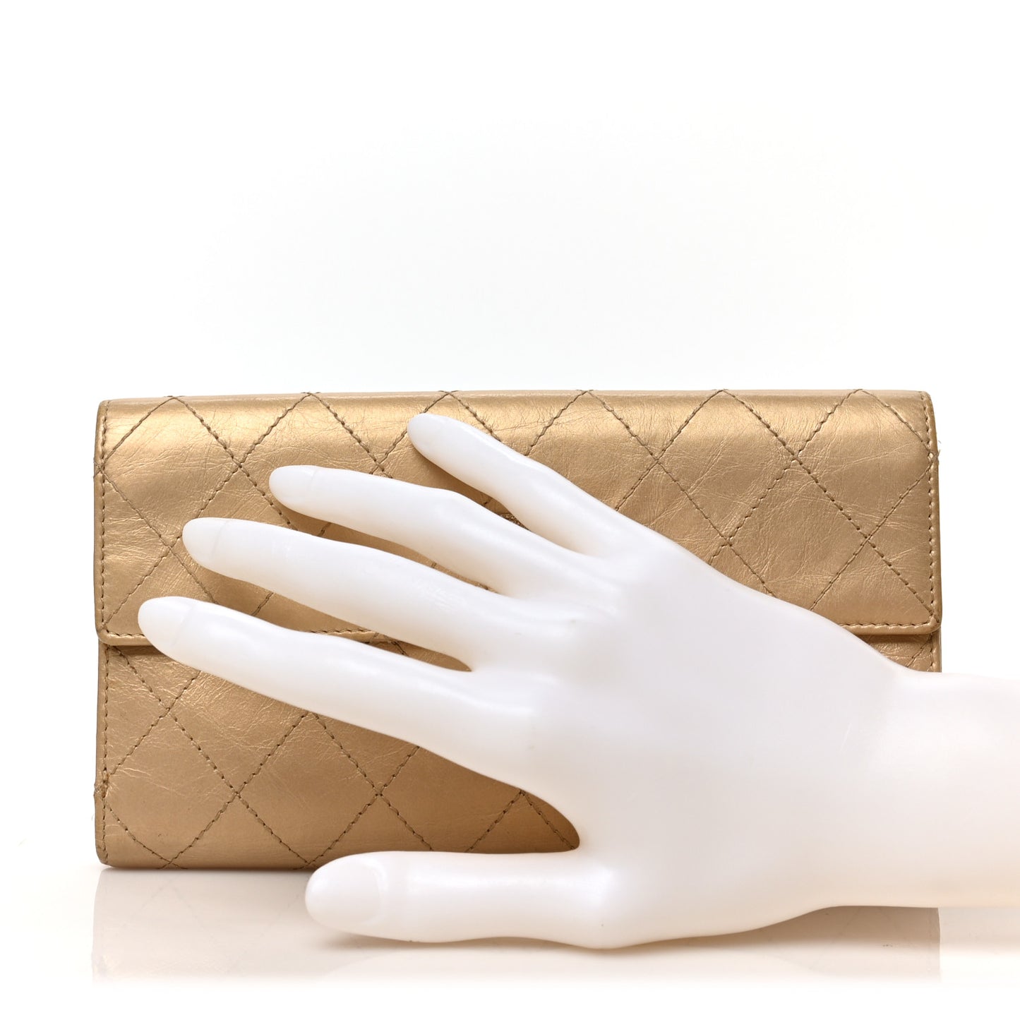 Metallic Calfskin Quilted Long Flap Wallet Gold