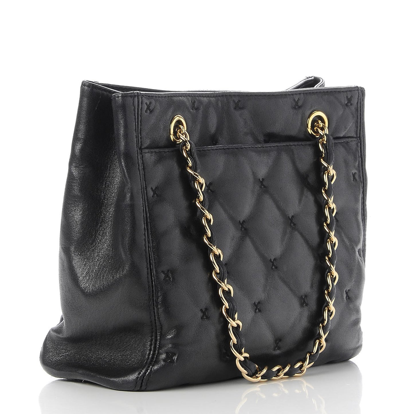 Lambskin Cross Stitch Shopper Tote Black