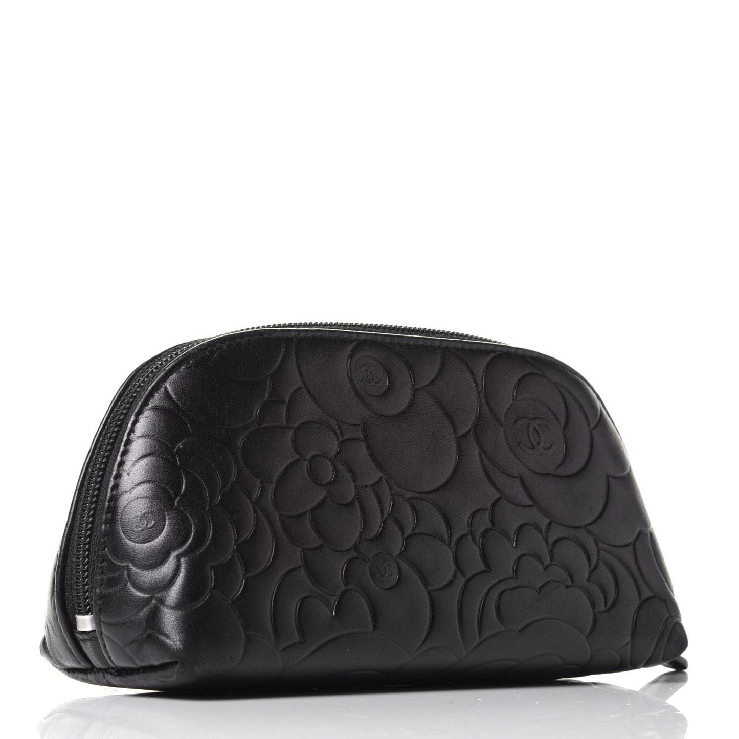 Lambskin Camellia Embossed Cosmetic Case Black