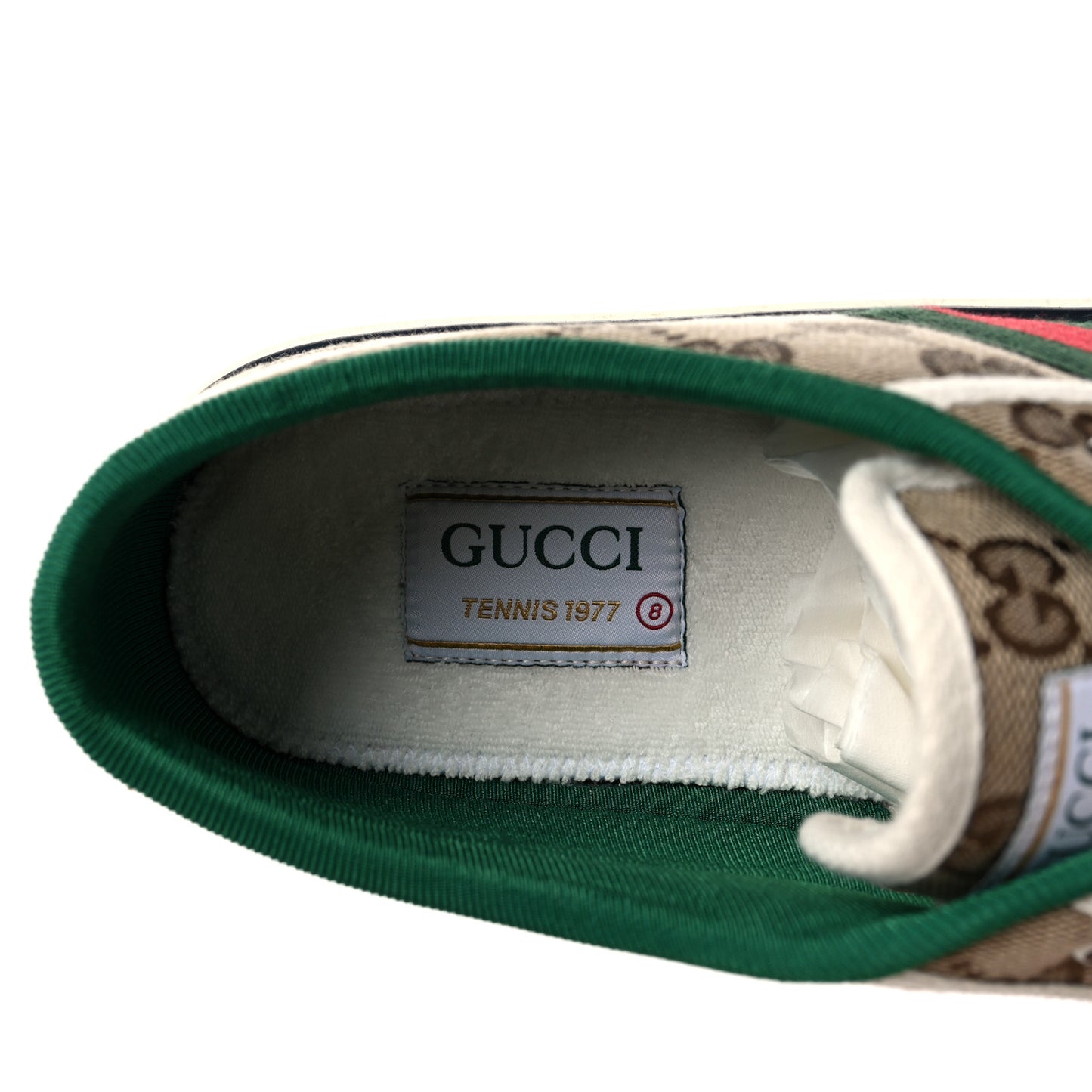 GG Monogram Web Mens 1977 Tennis Sneakers 8 Beige Ebony Mystic White