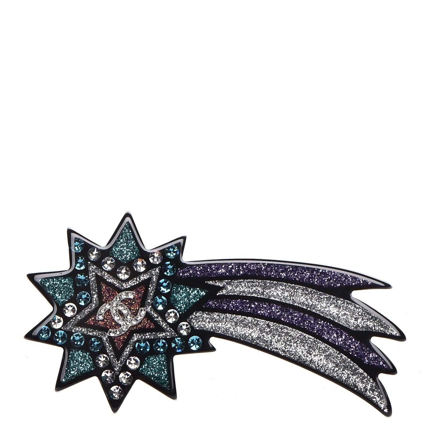 Glittered Resin Strass Shooting Star Brooch Silver Purple Green